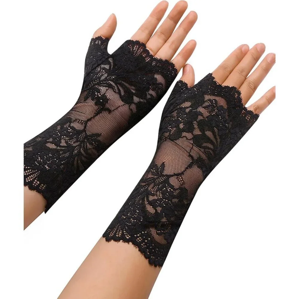 Women Evening Fingerless Short Wrist Black Lace Gloves Party Prom Cosplay
